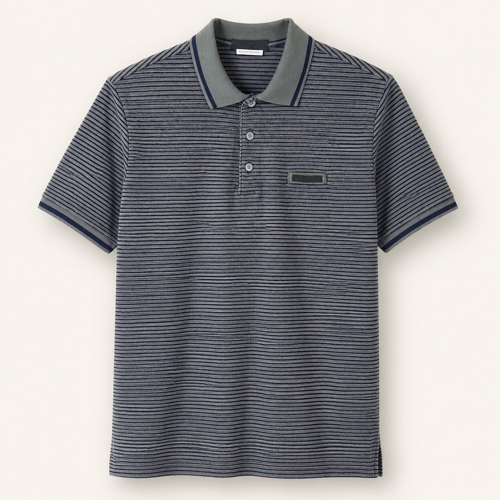 Prada Mens Grey Navy Striped Ribbed Collar Polo Shirt Medium Tipped Pique EUC